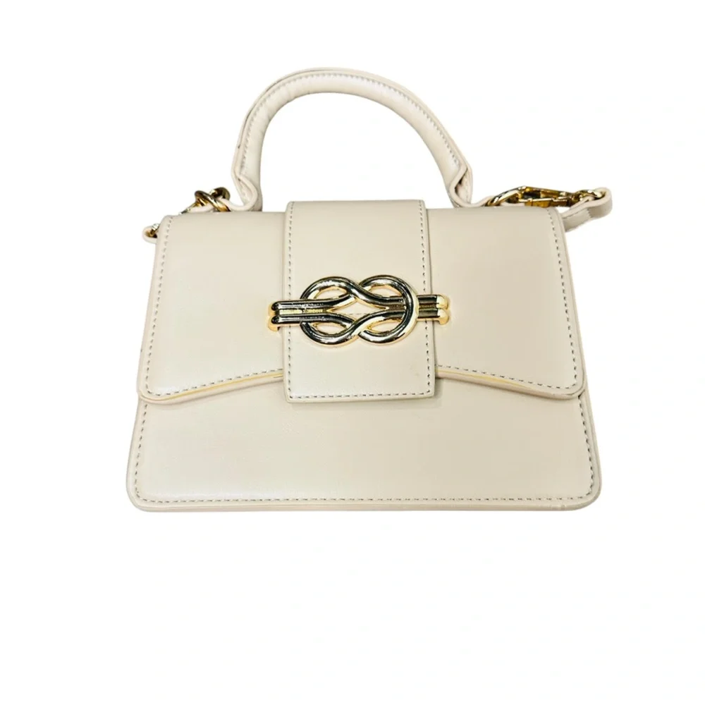 Elegant Cream Small Top Handle Handbag with Mini Satchel Crossbody Gold Accents